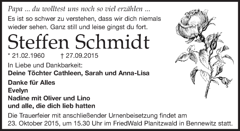  Traueranzeige für Steffen Schmidt vom 17.09.2018 aus Leipziger Volkszeitung