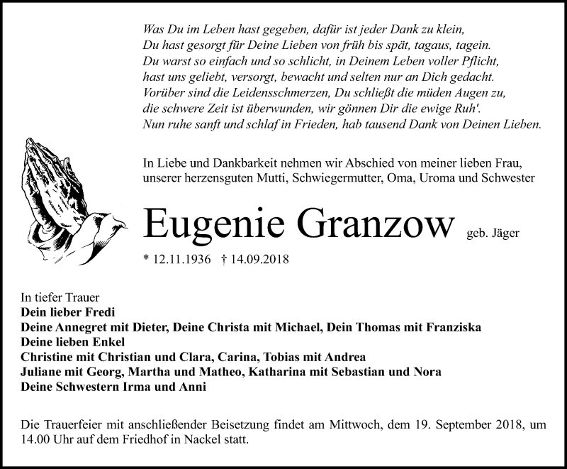  Traueranzeige für Eugenie Granzow  vom 18.09.2018 aus Märkische Allgemeine Zeitung