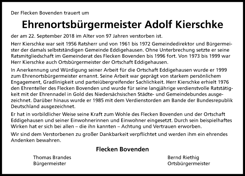  Traueranzeige für Adolf Kierschke vom 29.09.2018 aus Göttinger Tageblatt