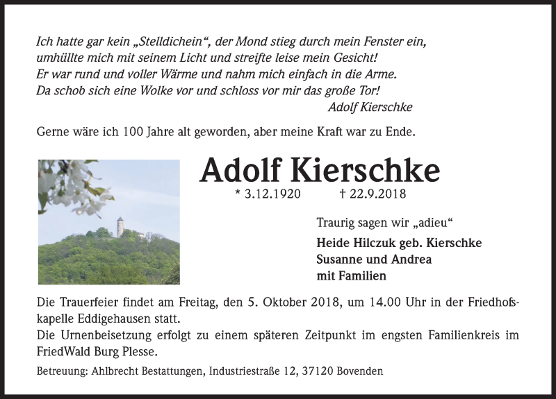  Traueranzeige für Adolf Kierschke vom 29.09.2018 aus Göttinger Tageblatt