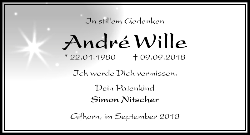  Traueranzeige für Andre Wille vom 15.09.2018 aus Aller Zeitung