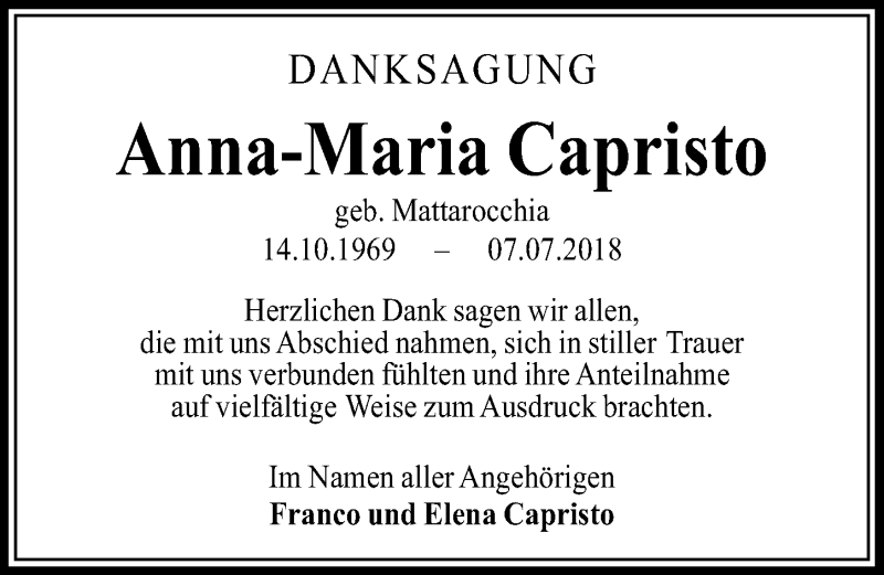  Traueranzeige für Anna-Maria Capristo vom 01.09.2018 aus Aller Zeitung