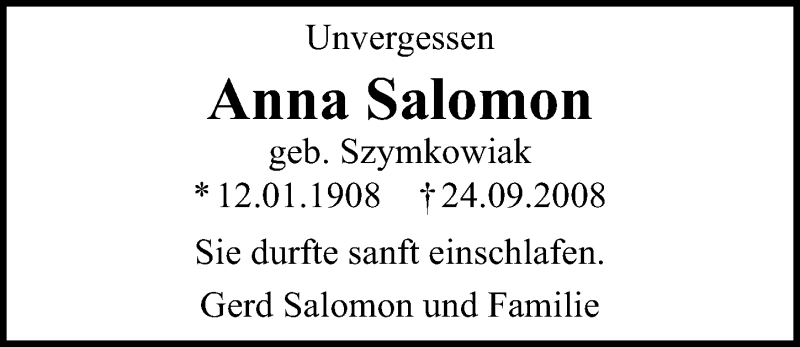 Traueranzeigen Anna Salomon | trauer-anzeigen.de