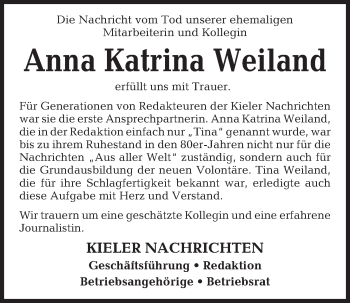 Traueranzeige von Anna Katrina Weiland von Kieler Nachrichten