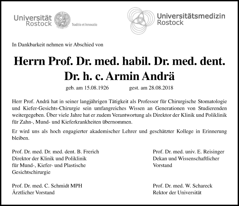  Traueranzeige für Armin Andrä vom 08.09.2018 aus Ostsee-Zeitung GmbH
