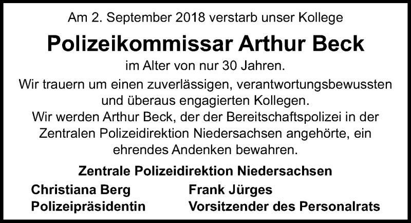  Traueranzeige für Arthur Beck vom 08.09.2018 aus Hannoversche Allgemeine Zeitung/Neue Presse