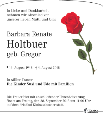 Traueranzeige von Barbara Renate Holtbuer von Leipziger Volkszeitung