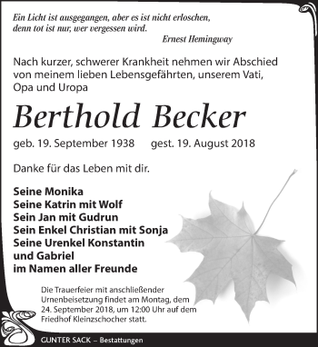 Traueranzeige von Berthold Becker von Leipziger Volkszeitung