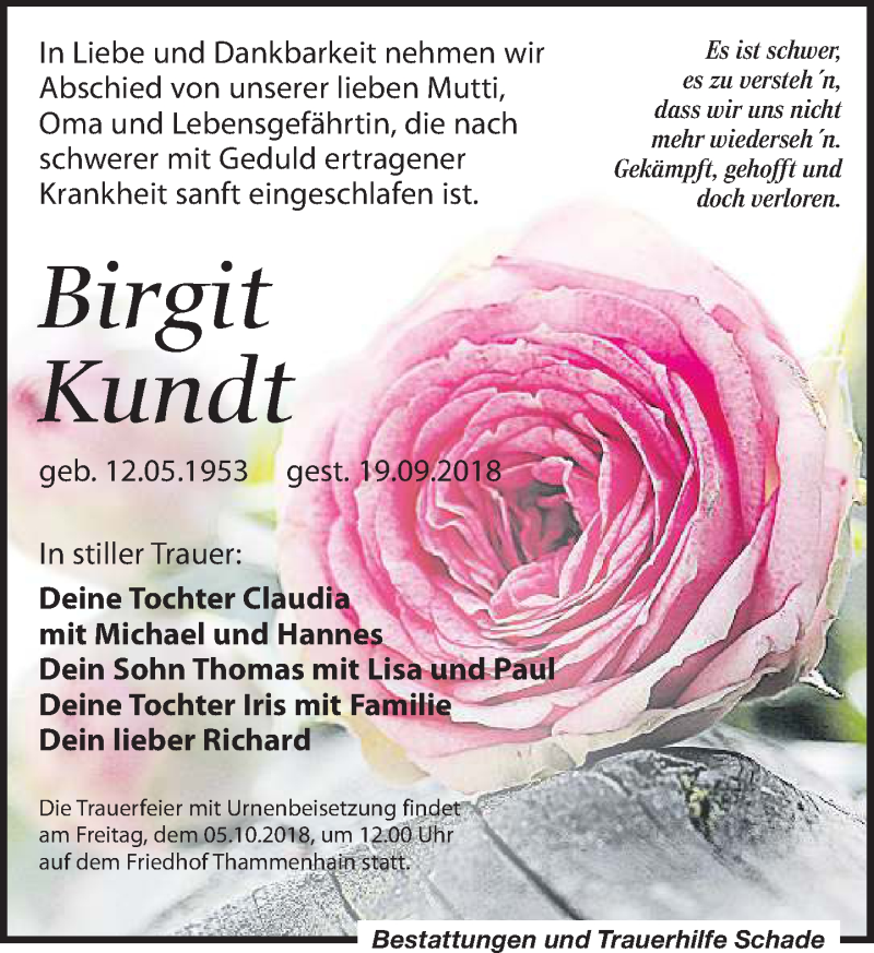  Traueranzeige für Birgit Kundt vom 29.09.2018 aus Leipziger Volkszeitung