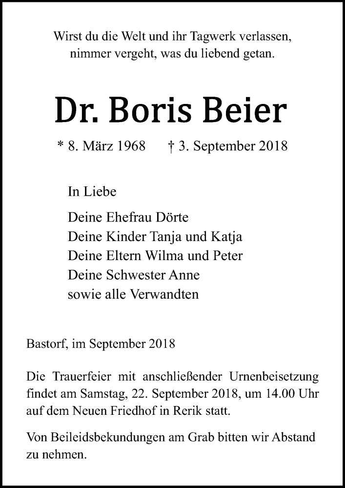  Traueranzeige für Boris Beier vom 08.09.2018 aus Ostsee-Zeitung GmbH