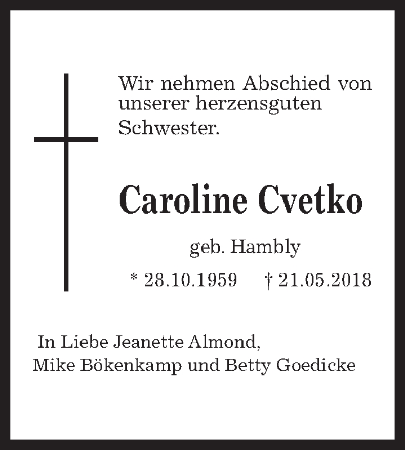  Traueranzeige für Caroline Cvetko vom 29.09.2018 aus Hannoversche Allgemeine Zeitung/Neue Presse