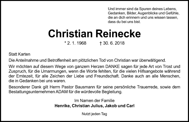  Traueranzeige für Christian Reinecke vom 22.09.2018 aus Aller Zeitung