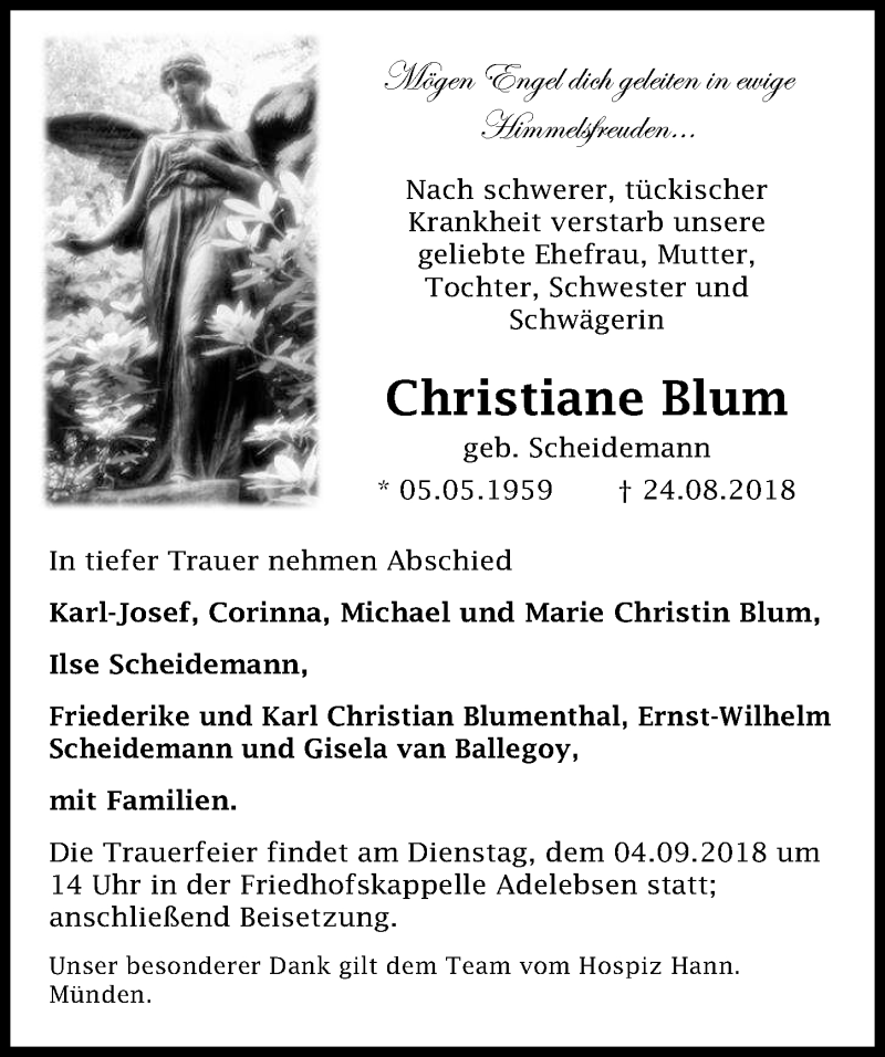  Traueranzeige für Christiane Blum vom 01.09.2018 aus Göttinger Tageblatt