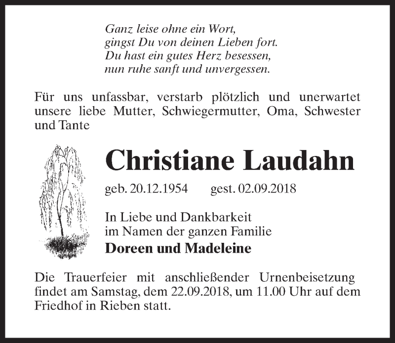  Traueranzeige für Christiane Laudahn vom 08.09.2018 aus Märkischen Allgemeine Zeitung