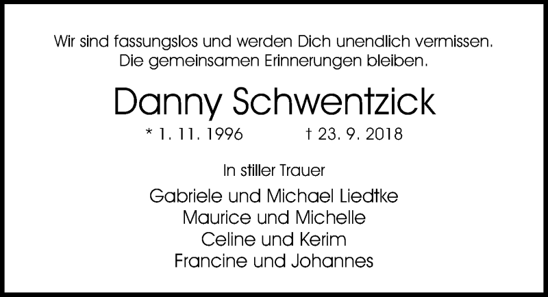  Traueranzeige für Danny Schwentzick vom 30.09.2018 aus Lübecker Nachrichten