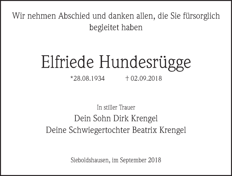  Traueranzeige für Elfriede Hundesrügge vom 11.09.2018 aus Göttinger Tageblatt