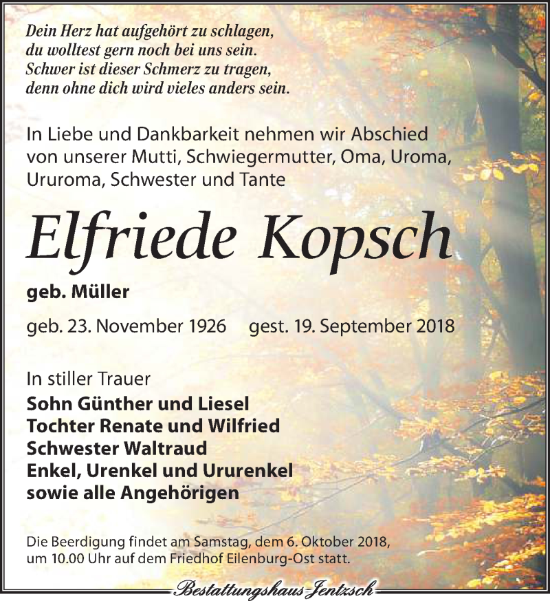  Traueranzeige für Elfriede Kopsch vom 29.09.2018 aus Leipziger Volkszeitung