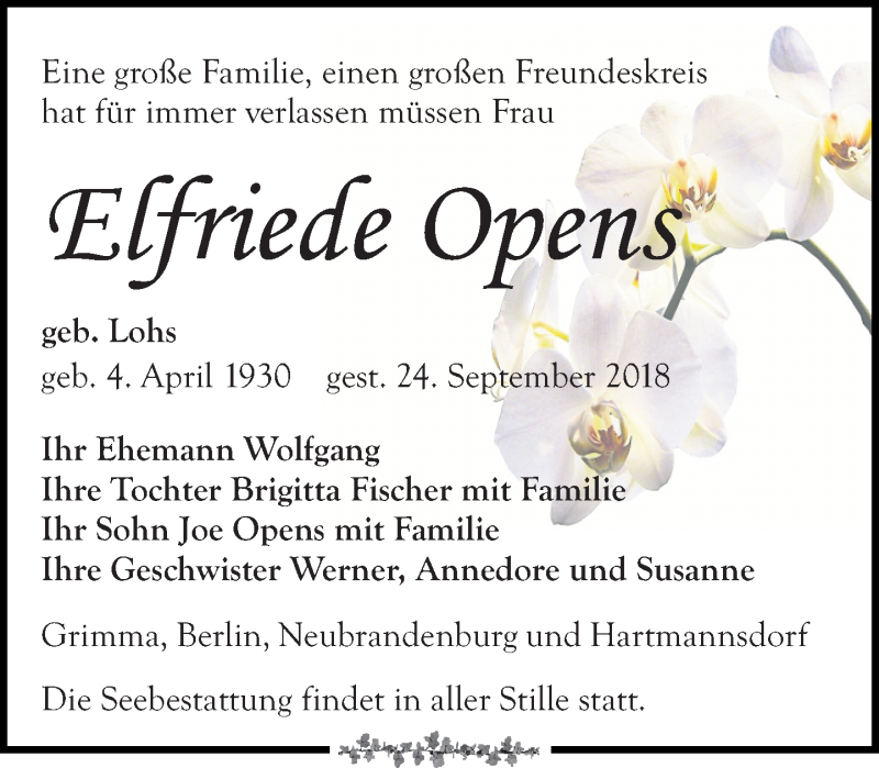  Traueranzeige für Elfriede Opens vom 29.09.2018 aus Leipziger Volkszeitung