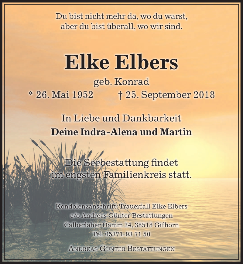  Traueranzeige für Elke Elbers vom 29.09.2018 aus Aller Zeitung
