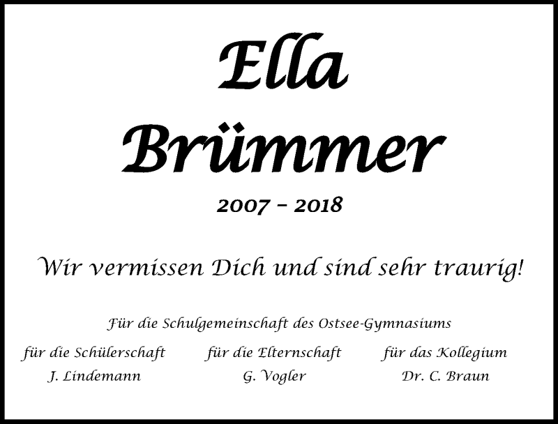  Traueranzeige für Ella Brümmer vom 22.09.2018 aus Lübecker Nachrichten