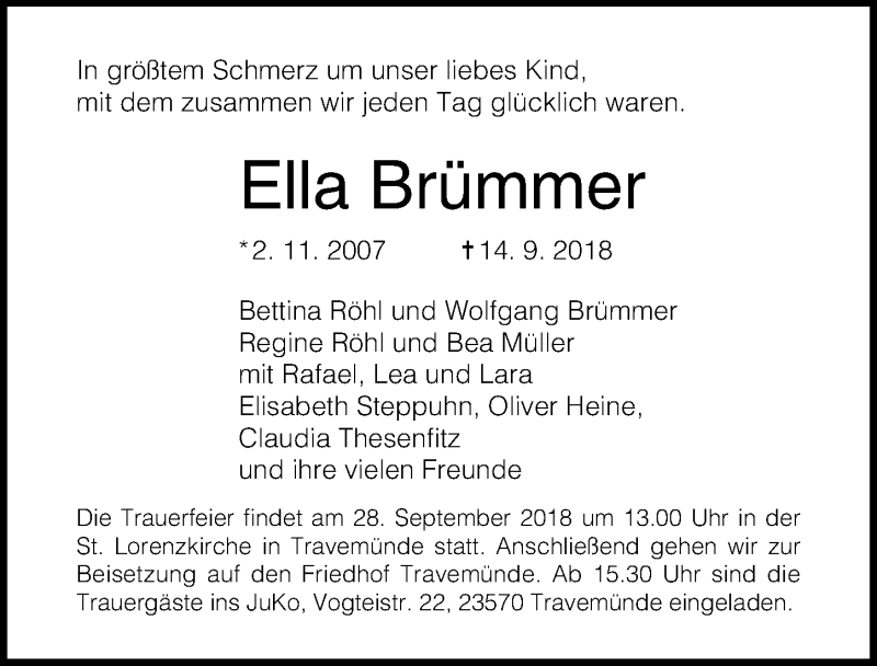  Traueranzeige für Ella Brümmer vom 22.09.2018 aus Lübecker Nachrichten