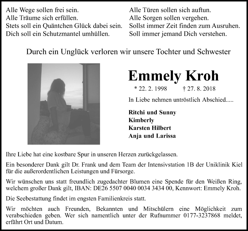  Traueranzeige für Emmely Kroh vom 08.09.2018 aus Kieler Nachrichten