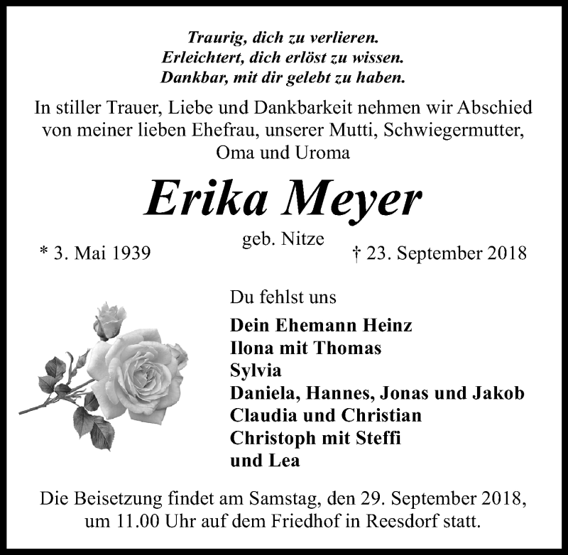  Traueranzeige für Erika Meyer vom 26.09.2018 aus Märkischen Allgemeine Zeitung