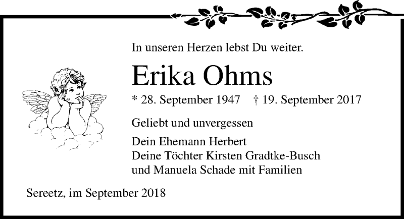  Traueranzeige für Erika Ohms vom 19.09.2018 aus Lübecker Nachrichten