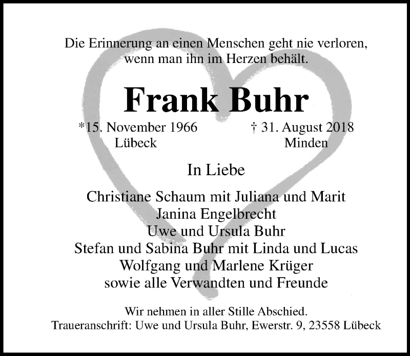  Traueranzeige für Frank Buhr vom 09.09.2018 aus Lübecker Nachrichten