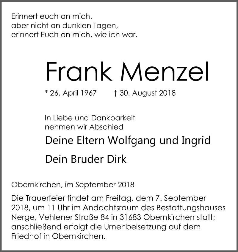  Traueranzeige für Frank Menzel vom 04.09.2018 aus Schaumburger Nachrichten