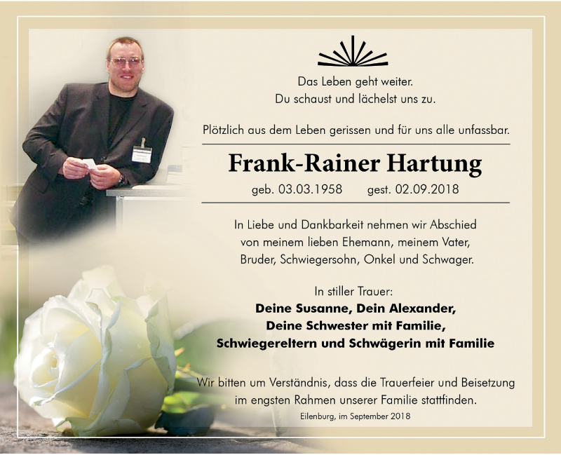  Traueranzeige für Frank-Rainer Hartung vom 14.09.2018 aus Leipziger Volkszeitung