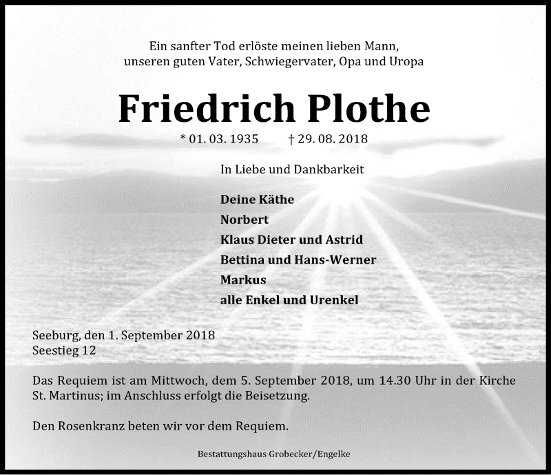  Traueranzeige für Friedrich Plothe vom 01.09.2018 aus Göttinger Tageblatt