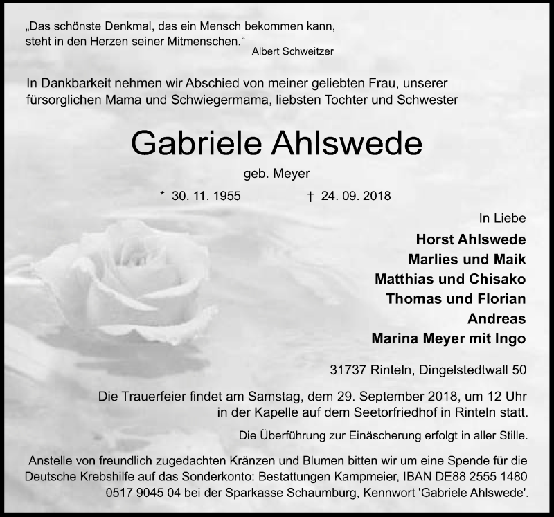 Traueranzeige für Gabriele Ahlswede vom 27.09.2018 aus Schaumburger Nachrichten