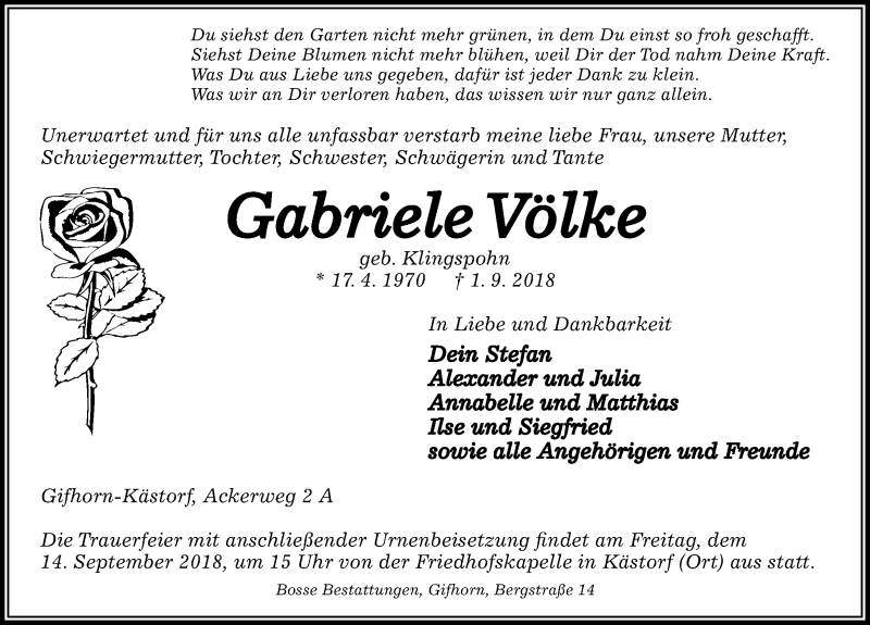  Traueranzeige für Gabriele Völke vom 08.09.2018 aus Aller Zeitung