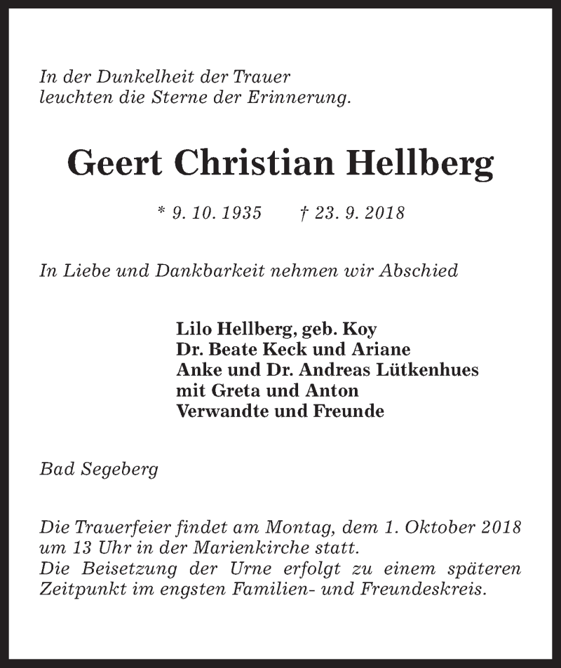  Traueranzeige für Geert Christian Hellberg vom 26.09.2018 aus Kieler Nachrichten