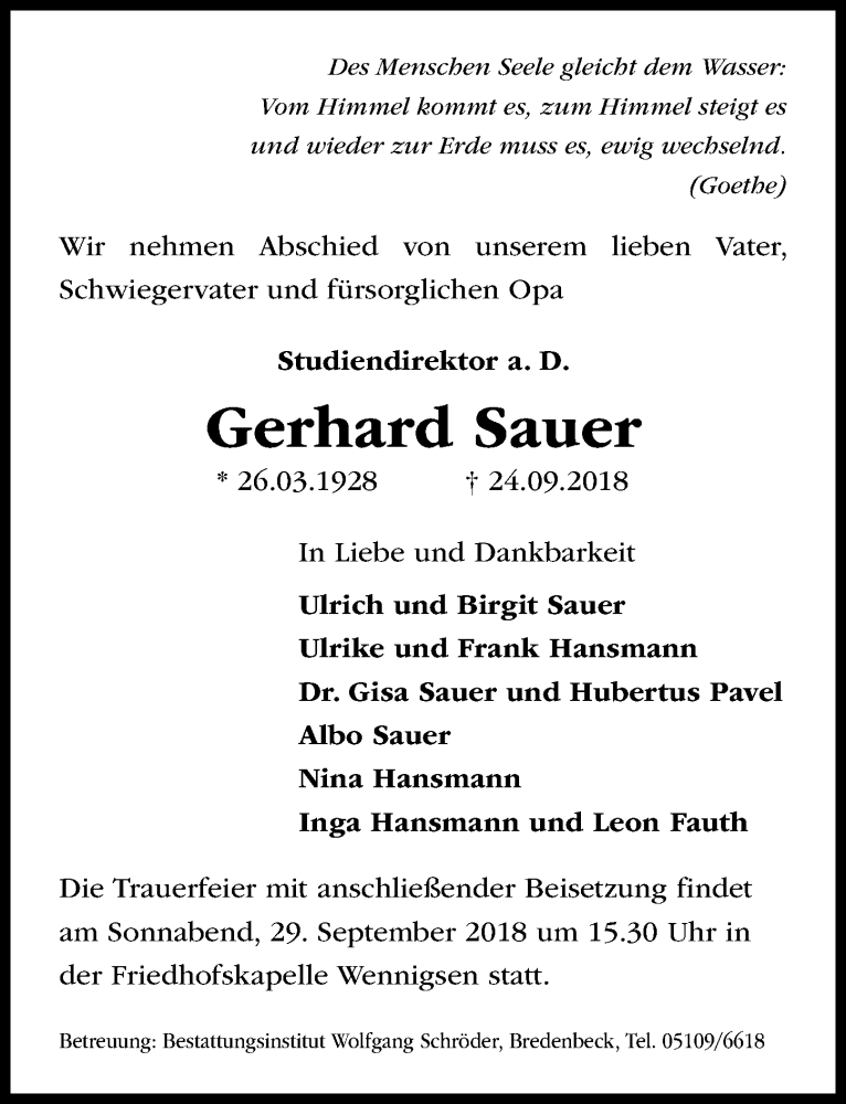  Traueranzeige für Gerhard Sauer vom 28.09.2018 aus Hannoversche Allgemeine Zeitung/Neue Presse
