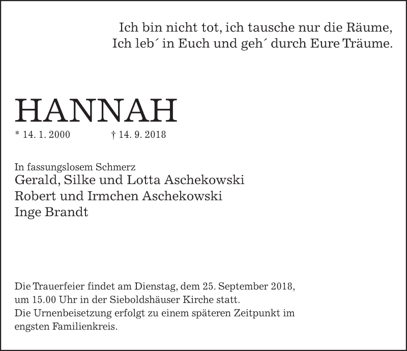  Traueranzeige für Hannah  vom 22.09.2018 aus Göttinger Tageblatt