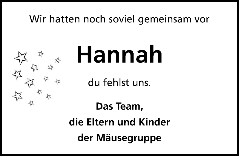  Traueranzeige für Hannah  vom 22.09.2018 aus Göttinger Tageblatt