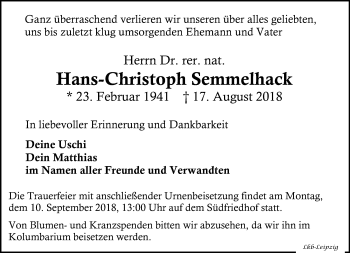 Traueranzeige von Hans-Christoph Semmelhack von Leipziger Volkszeitung