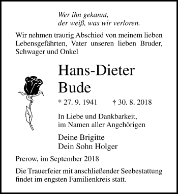 Traueranzeige von Hans-Dieter Bude von Ostsee-Zeitung GmbH