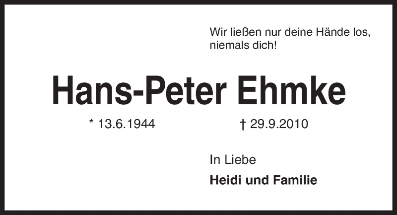  Traueranzeige für Hans-Peter Ehmke vom 29.09.2018 aus Kieler Nachrichten