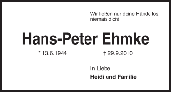 Traueranzeige von Hans-Peter Ehmke von Kieler Nachrichten