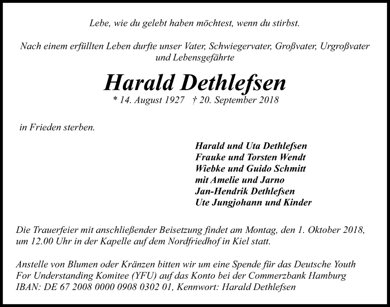  Traueranzeige für Harald Dethlefsen vom 26.09.2018 aus Kieler Nachrichten