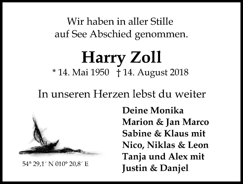  Traueranzeige für Harry Zoll vom 08.09.2018 aus Kieler Nachrichten