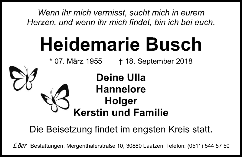  Traueranzeige für Heidemarie Busch vom 22.09.2018 aus Hannoversche Allgemeine Zeitung/Neue Presse
