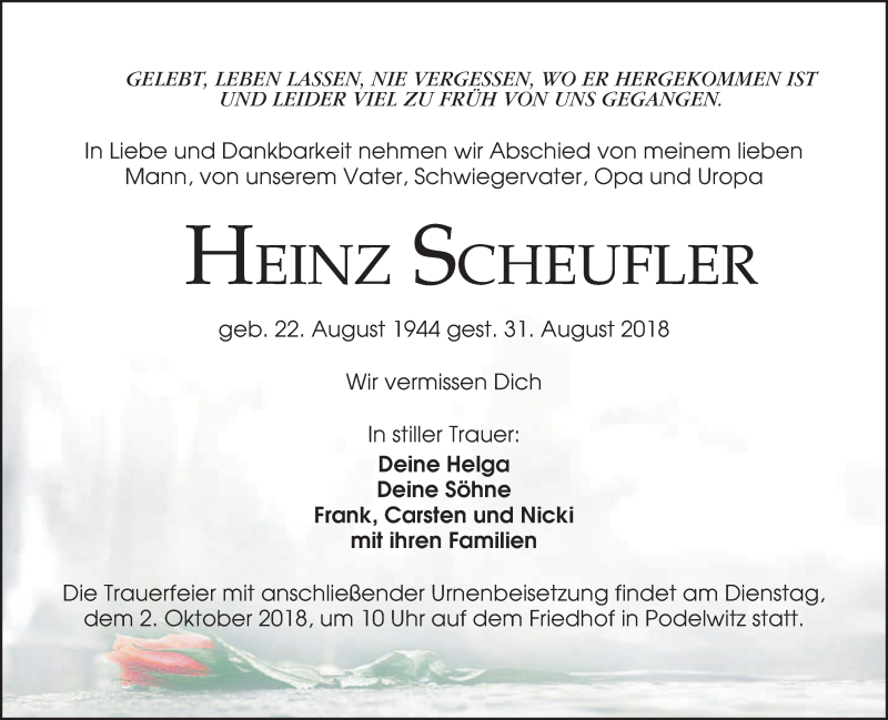  Traueranzeige für Heinz Scheufler vom 08.09.2018 aus Leipziger Volkszeitung
