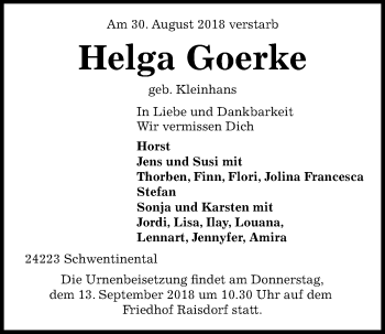 Traueranzeige von Helga Goerke von Kieler Nachrichten