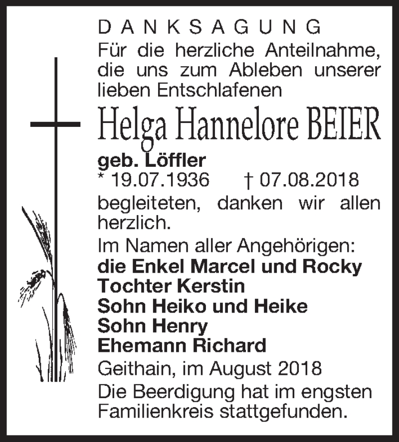  Traueranzeige für Helga Hannelore Beier vom 04.09.2018 aus Leipziger Volkszeitung