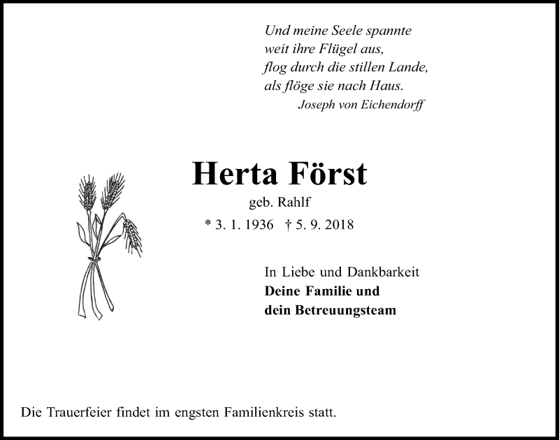  Traueranzeige für Herta Först vom 12.09.2018 aus Kieler Nachrichten