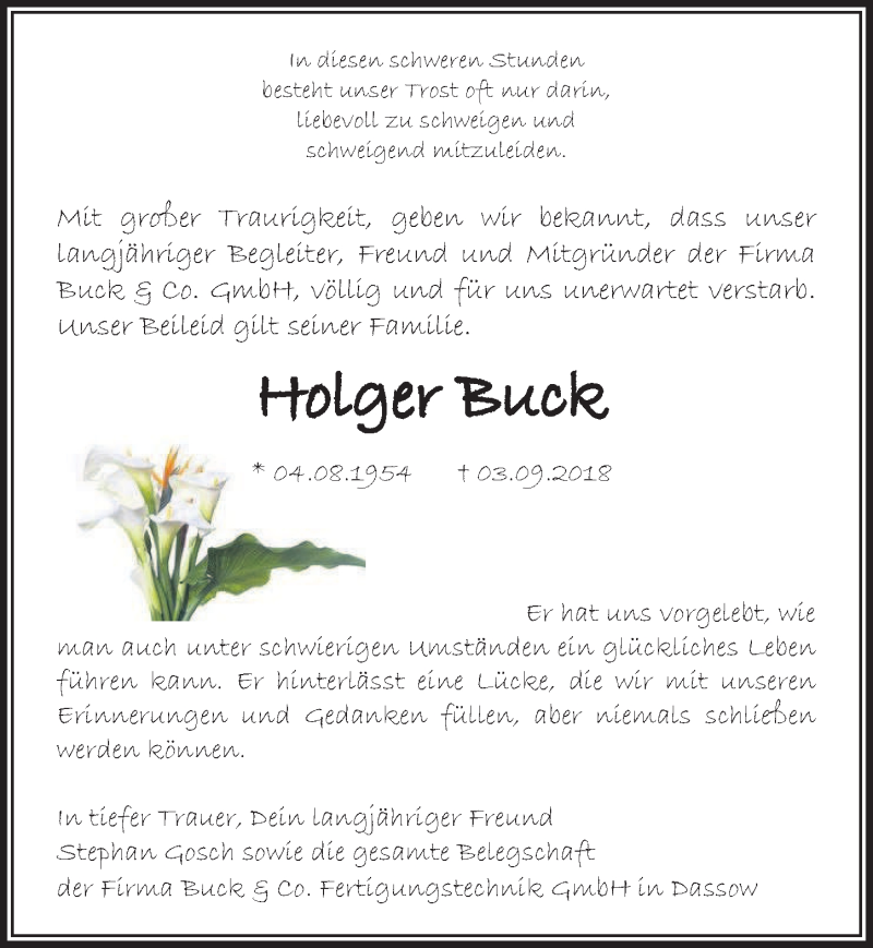  Traueranzeige für Holger Buck vom 15.09.2018 aus Ostsee-Zeitung GmbH